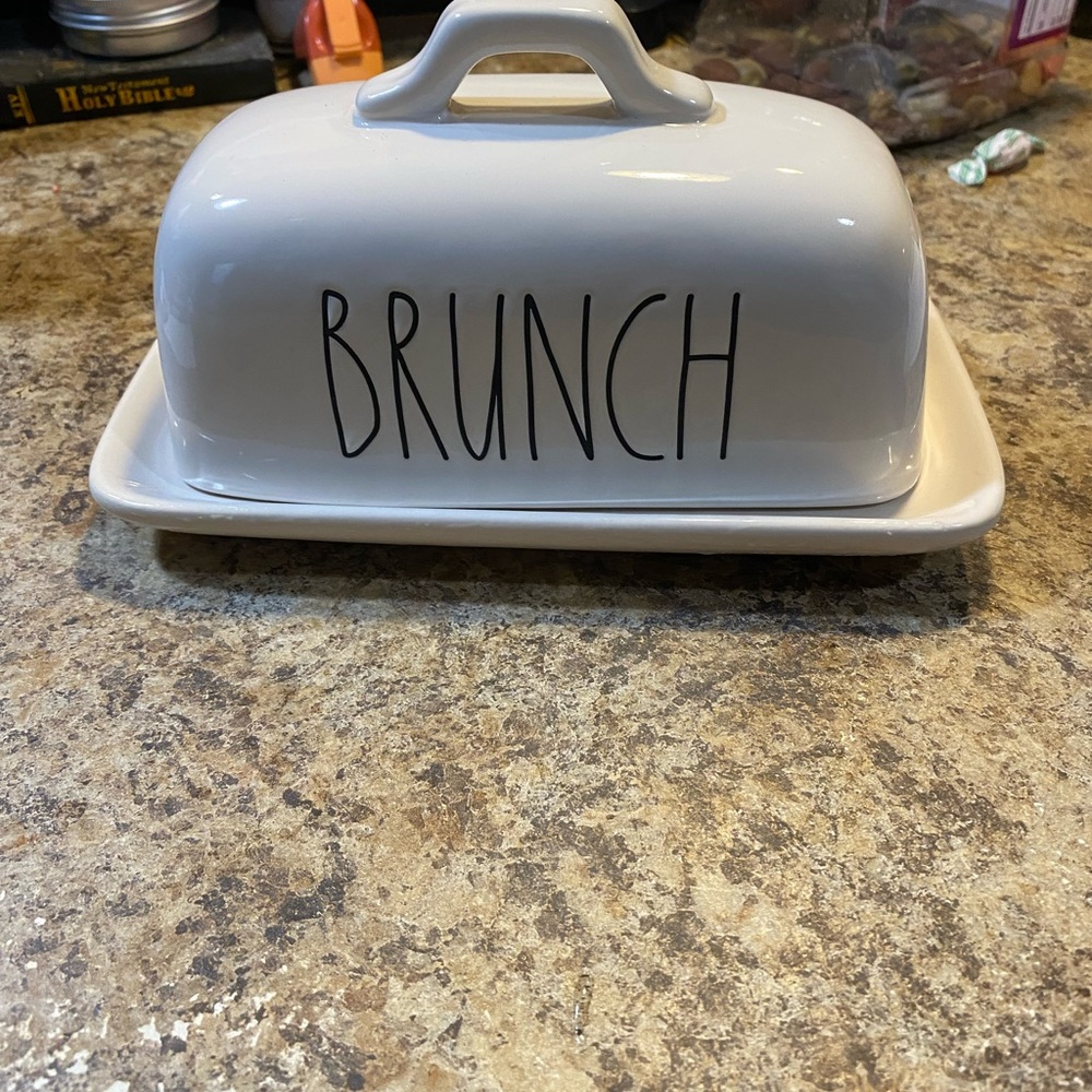 Rae Dunn White Butter Dish with 'BRUNCH' Text